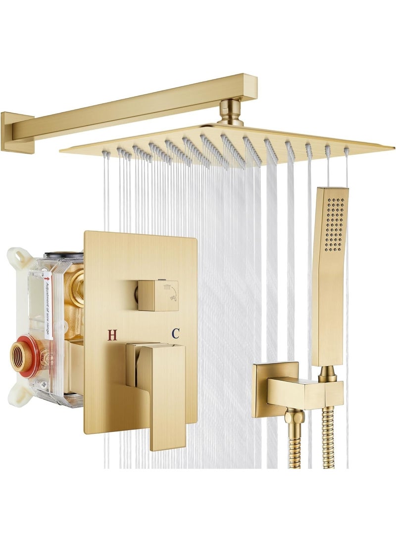 ALMIFTAH Rainfall Shower System with 10-Inch Brushed Gold Rain Shower Head & Handheld – Wall Mounted Bathroom Combo Set with Solid Brass Pressure Balance Valve – Luxury Full Body Shower Fixture for Modern Bathrooms - Image 1